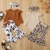 Citgeett Autumn Infant Baby Girls Jumpsuit Solid Color Ribbed Fly Sleeve Romper + Leopard Flare Pants Spring Clothes 1
