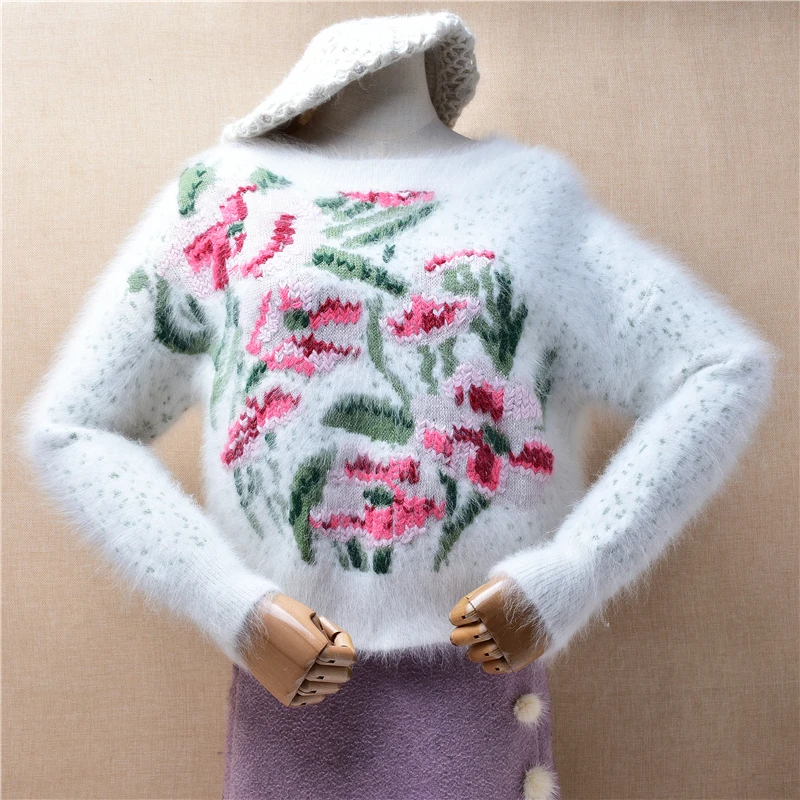 

Female Women Fall Winter Clothing Vintage Embroidery Flower Hairy Angora Rabbit Hair Short Style O-Neck Slim Blouses Sweater Top