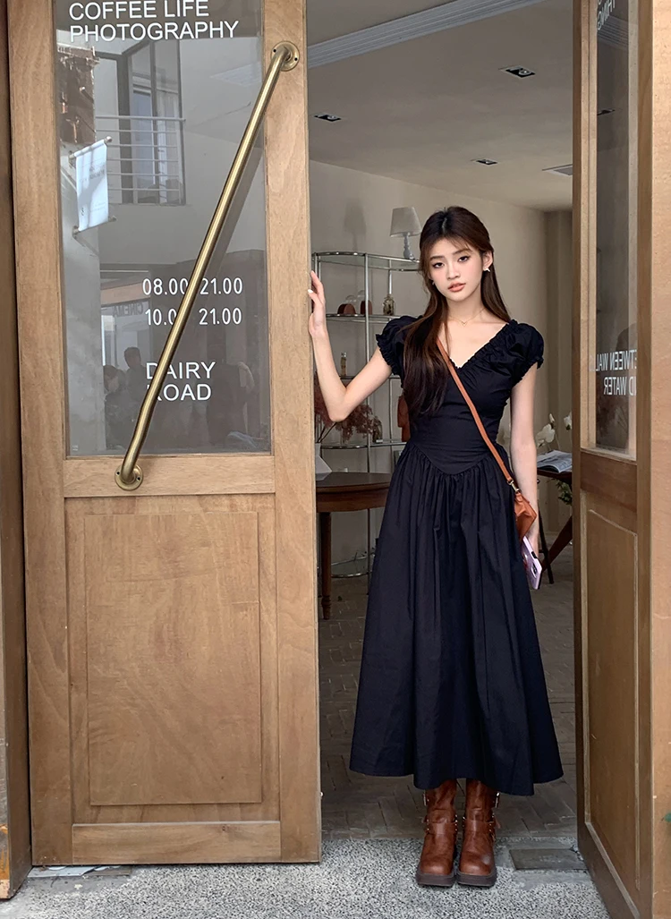 Casual Solid Midi Dresses for Women Korean Chic V-neck Backless High Waist Puff Sleeve A-line Party Dress Summer Vestidos Mujer