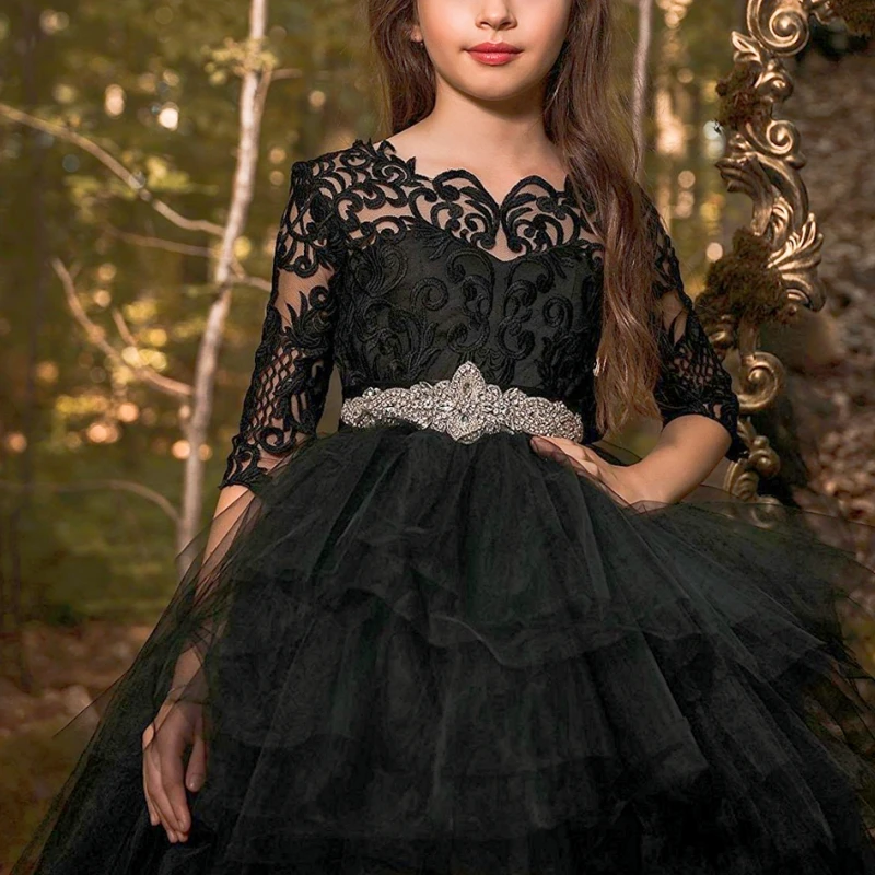 

Flower Girl Dresses Hi-lo Pageant Ball Gowns Lace Puffy Flower Girl Dresses With Rhinestones Sash Lovely Princess Evening Dress