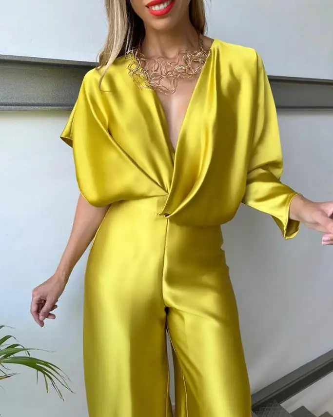 Women Jumpsuit 2024 Spring Satin Asymmetrical Sleeve Wide Leg Jumpsuit Deep V-Neck High Waisted Backless Long Jumpsuit
