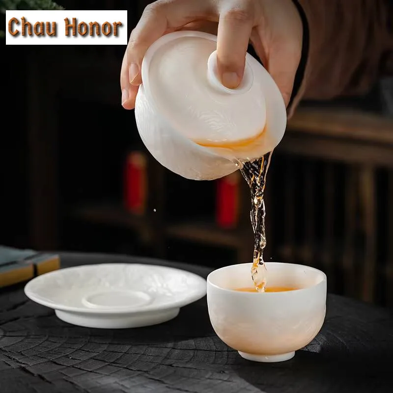 200ml Boutique Ice Seed Jade Porcelain Gaiwan Handmade Relief Carving Landscape Tea Tureen Tea Maker Cover Bowl Drinkware Craft