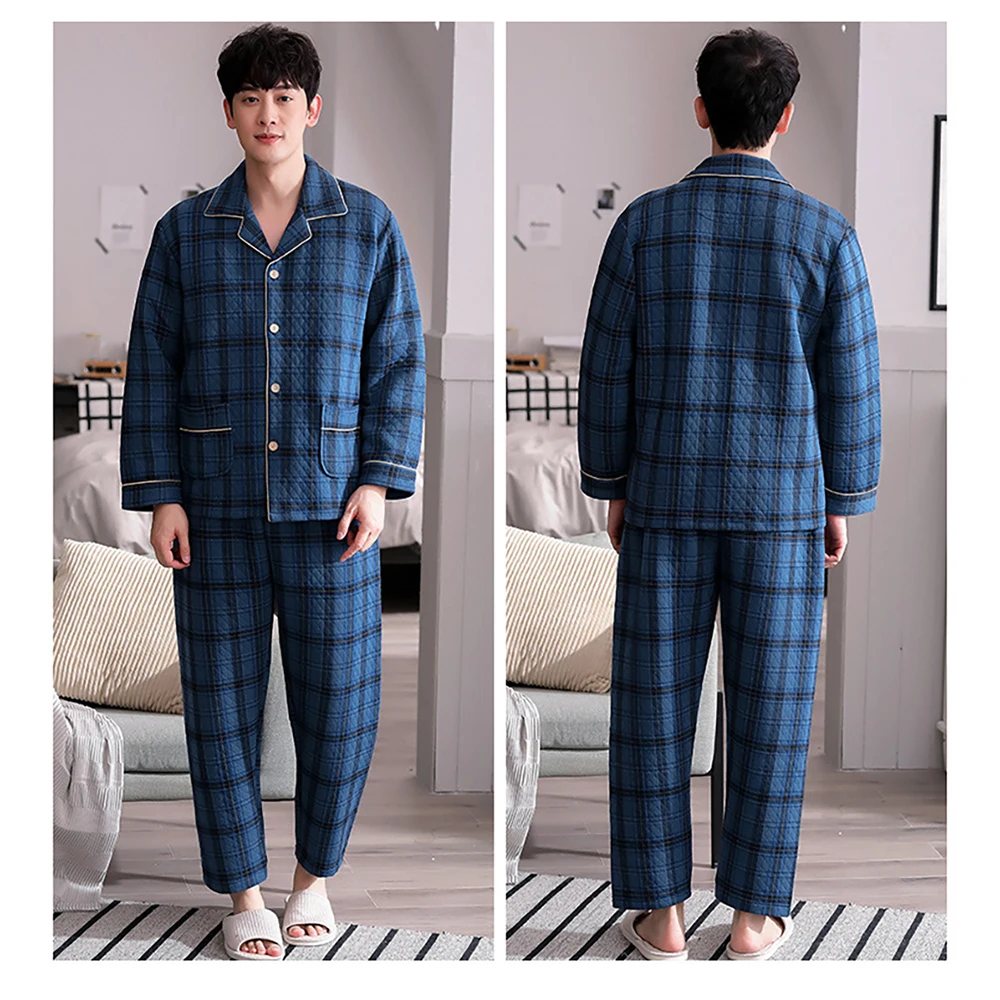 Autumn Winter Air Cotton Thicken Pajamas for Men Warm Quilted Plaid Pijama Hombre Set Male Comfortable Soft Buttons Pyjama Homme