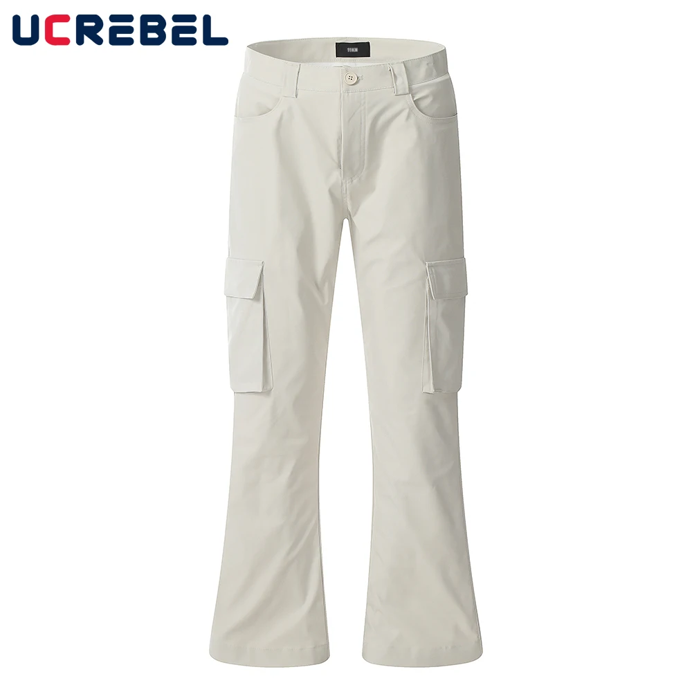 

Multi-Pocket Casual Flared Pants Mens Autumn Loose Solid Color Safari Style Straight-leg Pants Men Trousers