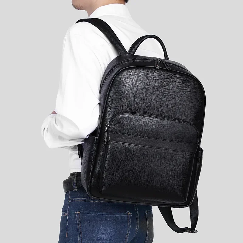 2024 New Luxury Brand Real Genuine Leather Men Solid Backpacks Student Backpack Boy Luxury 14 Inch Computer Laptop Bag 2