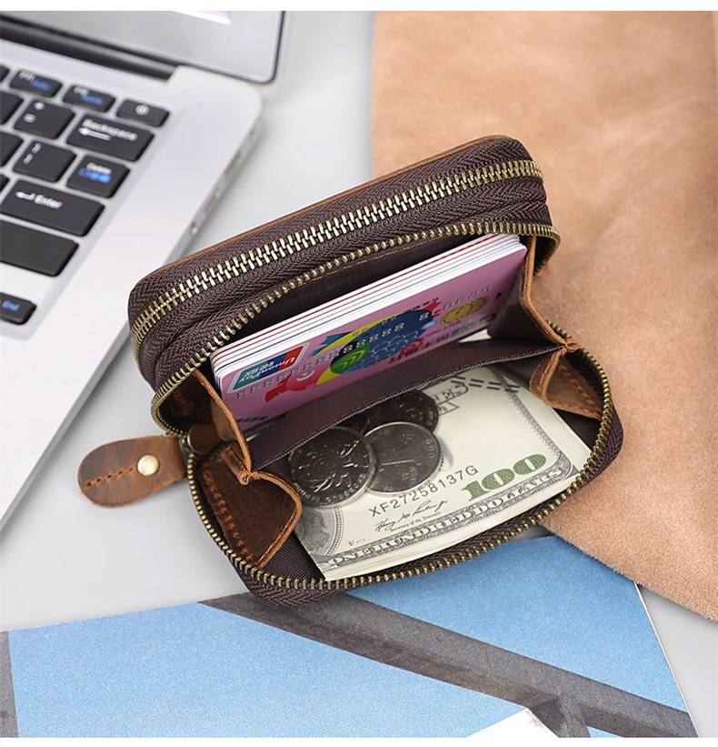 Genuine Leather Key Wallets Men Vintage Handmade Zipper Car Key Holder Cowhide Keys Organizer Women Housekeeper Case Coin Purse