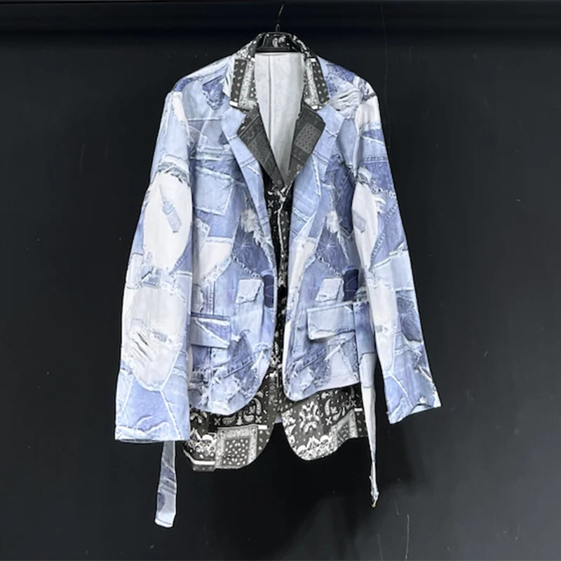 PFHQ Design Denim Printed Fake 2 Pieces Light Blue Casual Suit Loose Suit Autumn Contrast Color Male Blazer 21Z5938
