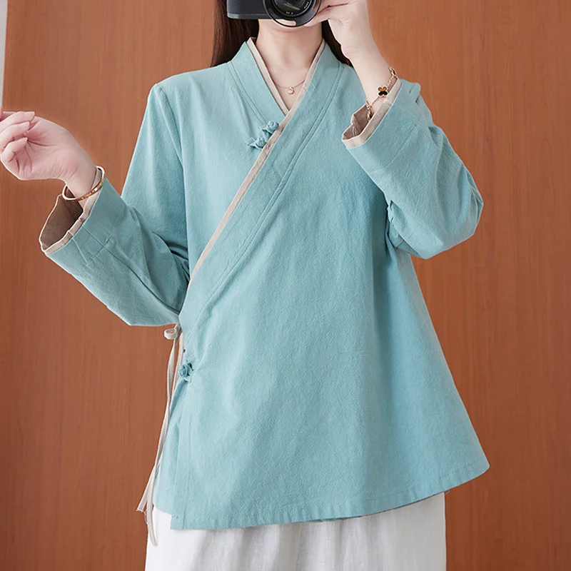 Cotton Linen Chinese Tops Women Tang Suit Slanted Placket V Neck Blouse Loose Female Shirt Hanfu China Traditional Clothing New