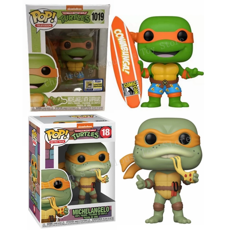 thumbnail image 1 of Nueva figura de acción Funko Pop Cartoon Turtles #18 Michelangelo con tabla de surf #1019, juguetes de colección de edición limitada, muñecas, juguete de regalo, 1 of 5
