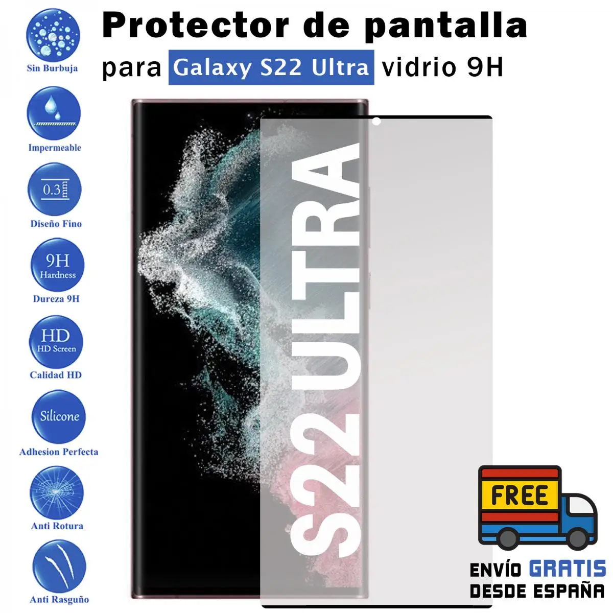 Samsung S22 Ultra Black Tempered Glass Screen Protector 9H For Movil - Todotumovil
