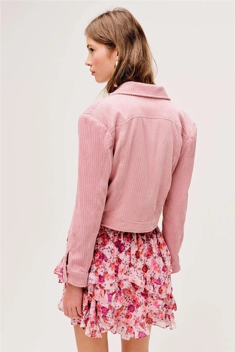 New Pink Corduroy Short Blazer Suit Women Sweet Slim Single Breasted Solid Colors Casual Office Blazer Y2k Retro Cute Streetwear