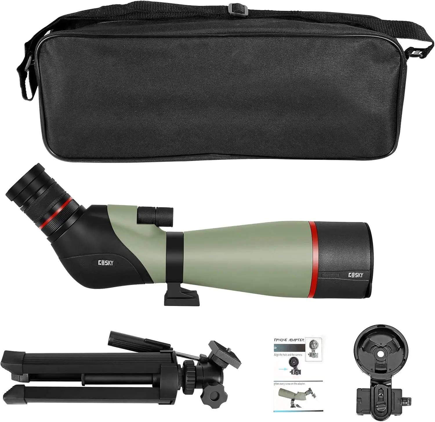 Dual Focusing Spotting Scope, BAK4 Prism 45 Degree Angled Eyepiece with Tripod, Smartphone Adapter, Sco
