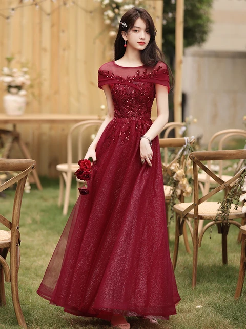 romántico Mount Bank niebla Vestido de fiesta largo de tul brillante, traje rojo vino, elegante, cuello  redondo, hombros descubiertos, línea A, largo hasta el suelo, para  graduación, 2022 - AliExpress