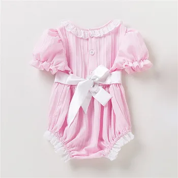 Summer Baby Clothing Lace Lace Round Neck Romper Solid Sleeve Waist Strap Fashionable Baby Baby Girl Spaghetti Strap Bodysuit 3