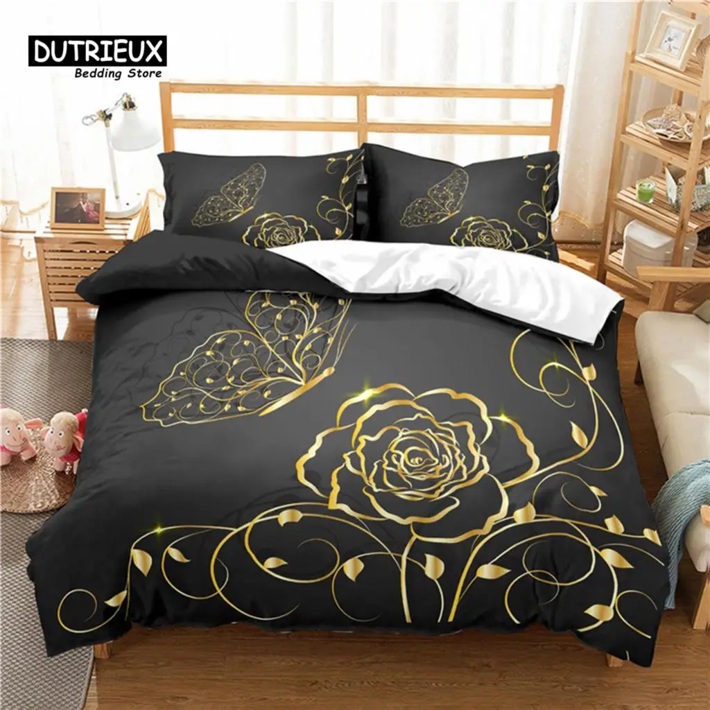 

Luxury 3D Golden Flower Print Home Living Comfortable Duvet Cover Pillowcase Kid Bedding Set Queen and King EU/US/AU/UK Size