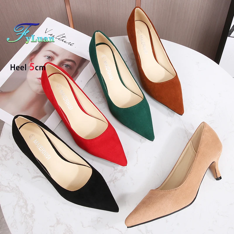 Comfort 5CM Thin High Heels Office Pointed Red Single Shoes Outdoor Walking Daily Women's Shoes Plus Size 46 Woman Suede Pumps 6