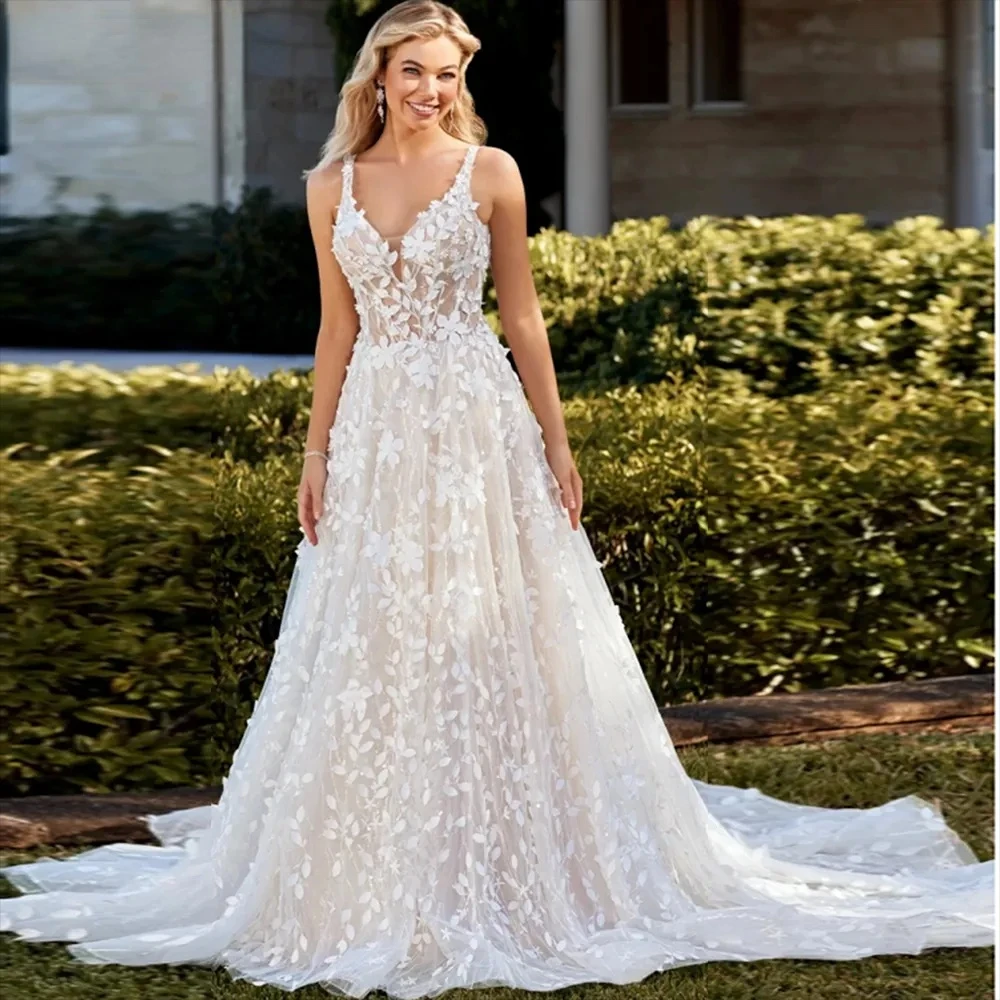 

Elegant A-Line Wedding Dress Sweetheart Spaghetti Straps Floral Appliqued Backless Bridal Gown Boho Long Vestidos De Novia