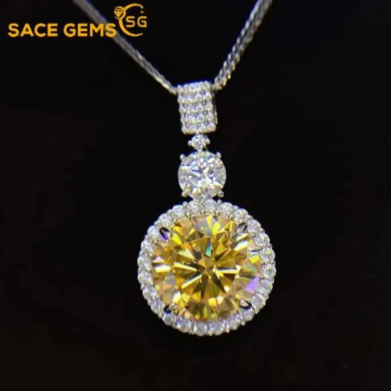 SACEGEMS GRA Certified D VVS1 5-10ct Yellow Moissanite Pendant Necklaces for Women Trendy Jewelry 925 Sliver Plated White Gold