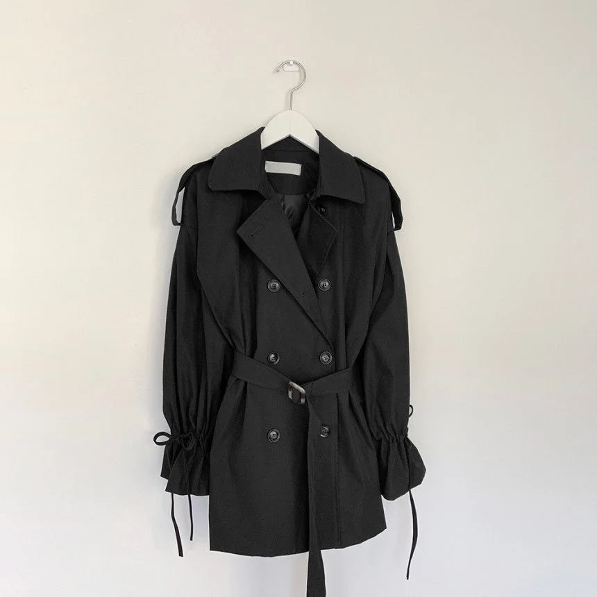 Korean Chic Early Autumn Minimalist French Lapel Double Row Buckle Show Thin Belt Solid Color Straight Tube Short Coat Female womens long black puffer coat