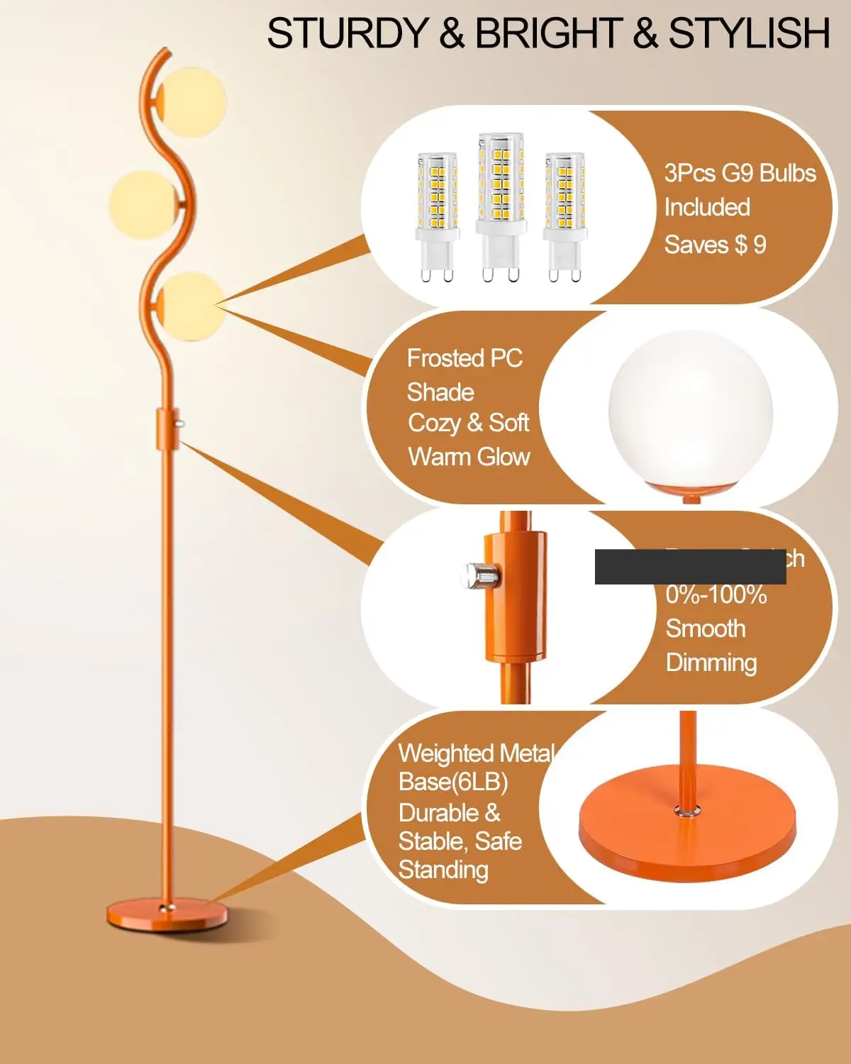 Dimmable floor lamp with 3000K warm LED bulbs
