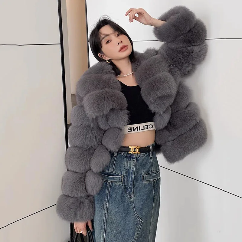 

Winter New High Quality Fox Fur Coat Women's Fashion Design Solid Color Short Lapel Thickening Natural Real Fur Jacket 2023