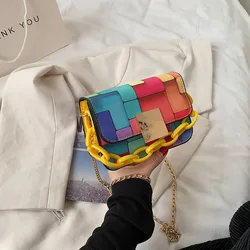 Individual Women's Bag Fashion Contrast color Personality Messenger Bag Shoulder Handbag PU Bag Chain Small Square Bag