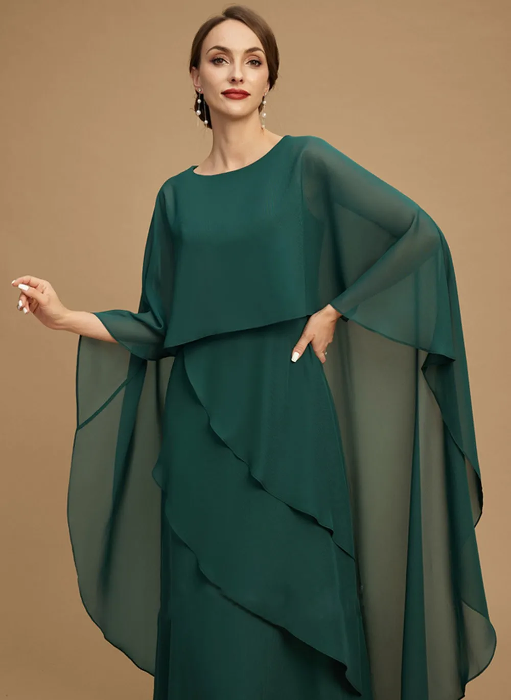 우아한 망토 신부의 어머니 드레스 특종 목 계층 정장 가운, 착시 뒷면 길이 Vestidos Para Madrina
