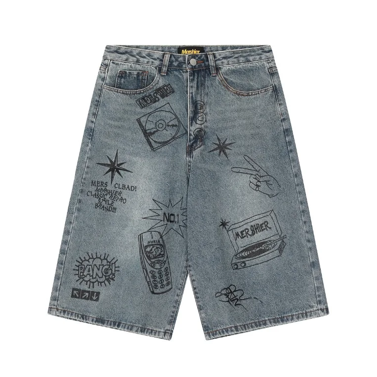 American retro cropped men jeans Shorts Y2k Gothic washed loose straight casual couple Denim shorts sweatpants w864