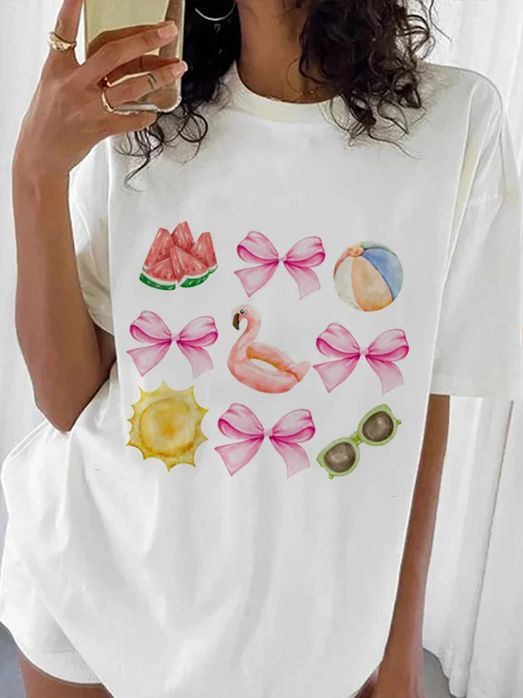 

Sweet Printed Short Sleeved 2024 Women's Summer Kawaii Fashion O-Neck Basic Cute Versatile Clothing Casual Top Travel T-Shirt.