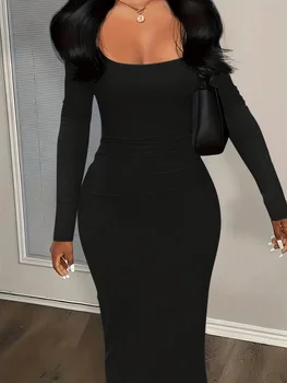 women's elegant low cut round neck long dress