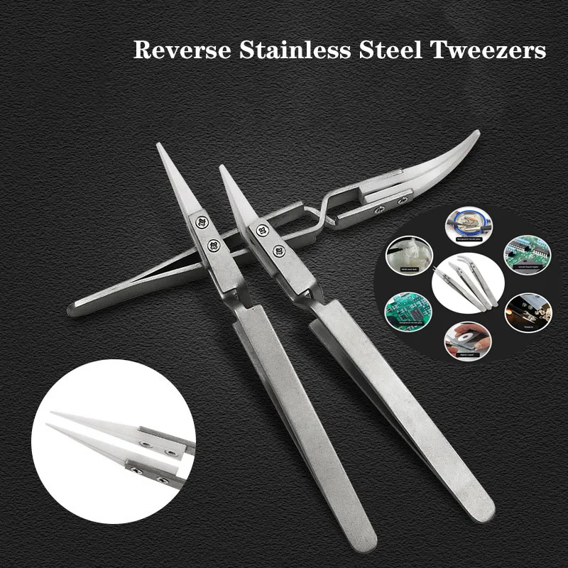 Anti-static Reverse Ceramic Tweezers Anti-magnetic Acid-resistant Precision Clamping Pointed Silver Handle Ceramic Tweezers1PCS