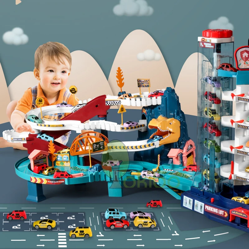 

Electric Rail Car Dinosaur Building Parking Lot Toy Car Track for Kids Boys Dinosaur Climbing Track Garage Parking Toy Music