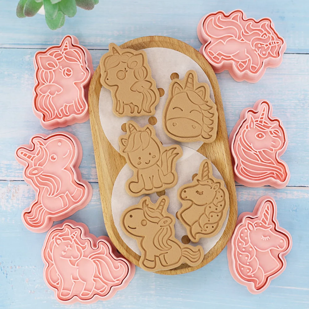 8Pcs/set Unicorn Cookie Moulds Plastic 3D Cartoon Pressable Biscuit Mold Cookie Kitchen Baking Pastry Bakeware Cookies Tool