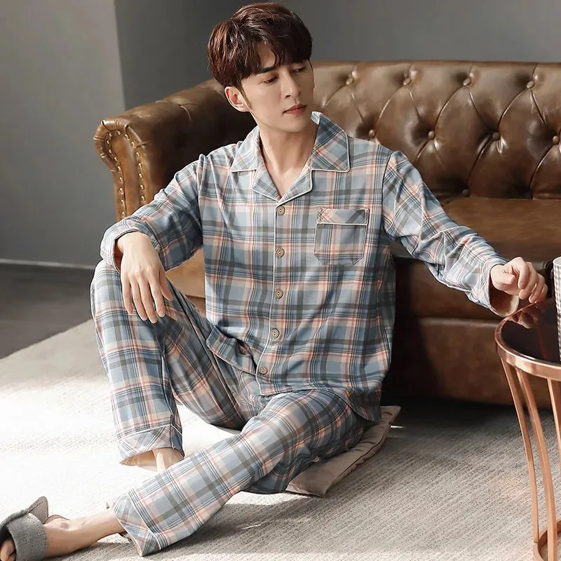 Spring Autumn Men's Pajamas Knitted Cotton Long Sleeve Cardigan Oversized Casual Printed Home Clothing Set Elegant Sleepwear