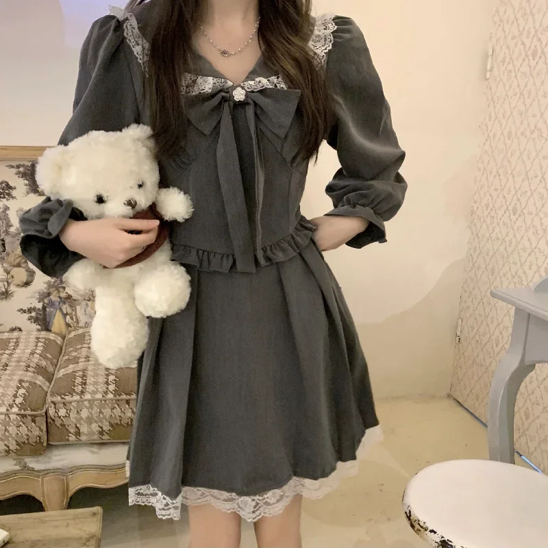 

2023 Vestidos De Mujer Tunic A-line Ruffles Korean Dresses Chic Fake Two Woman Dress Sweet Sailor Collar Lace Bow Robe Femme