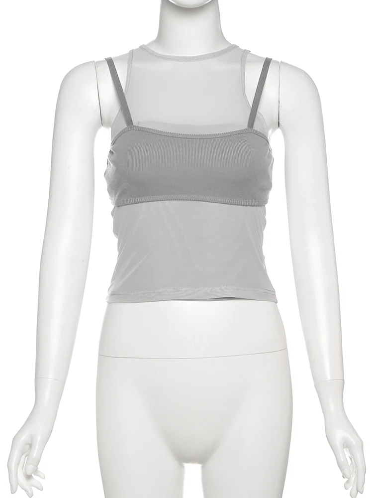 Nibber Fashion Tops 2 Piece Set Women Solid Skinny Camisole+Mesh Patchwork o-Neck Vests Street Trend Wild Style Sexy Outfits