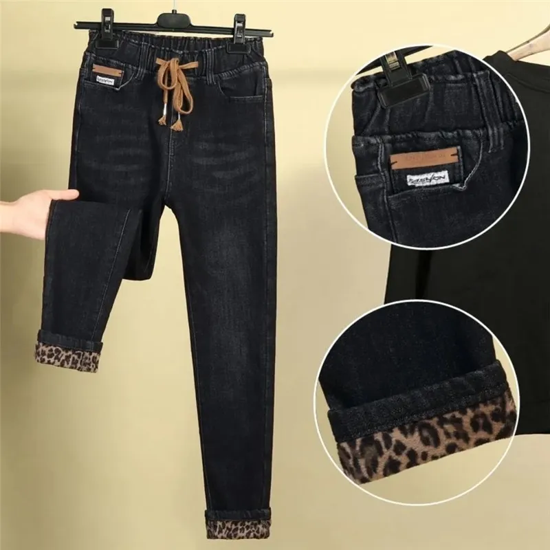 

Warm Jeans For Women Thicken Black Denim Pants Ladies Jeans 2023 Winter All-match Elastic Cotton Mom Jeans High Waist Trousers
