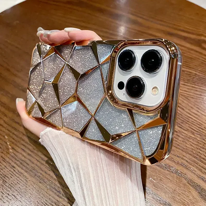 Luxury Girl's Phone Case for iPhone 15 14 13 12 11 Pro Max Plus Glitter Bling 3D Cube Diamond Marble Soft TPU Shockproof Cover