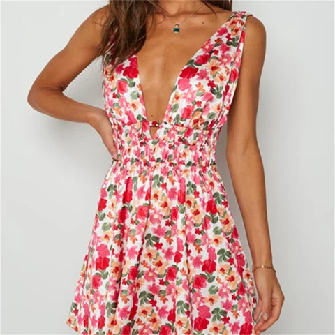 Bohemian Short Mini Dress Sleeveless V Neck Backless Flower Print Summer Club Party Dress Beachwear Vestidos 2022