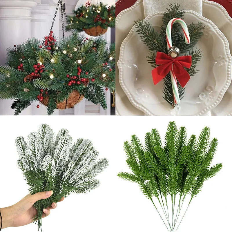 5pcs Christmas Tree Pine Branches Artificial Fake Plants Snow Pines Garland For Christmas Wreath Party Decor Xmas Gifts Ornament