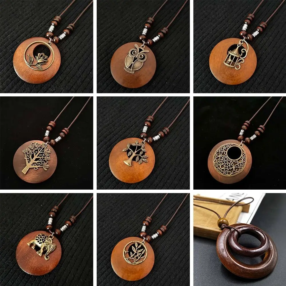 Vintage Wooden Owl Pendant Necklace - Ethnic Long Chain Jewelry