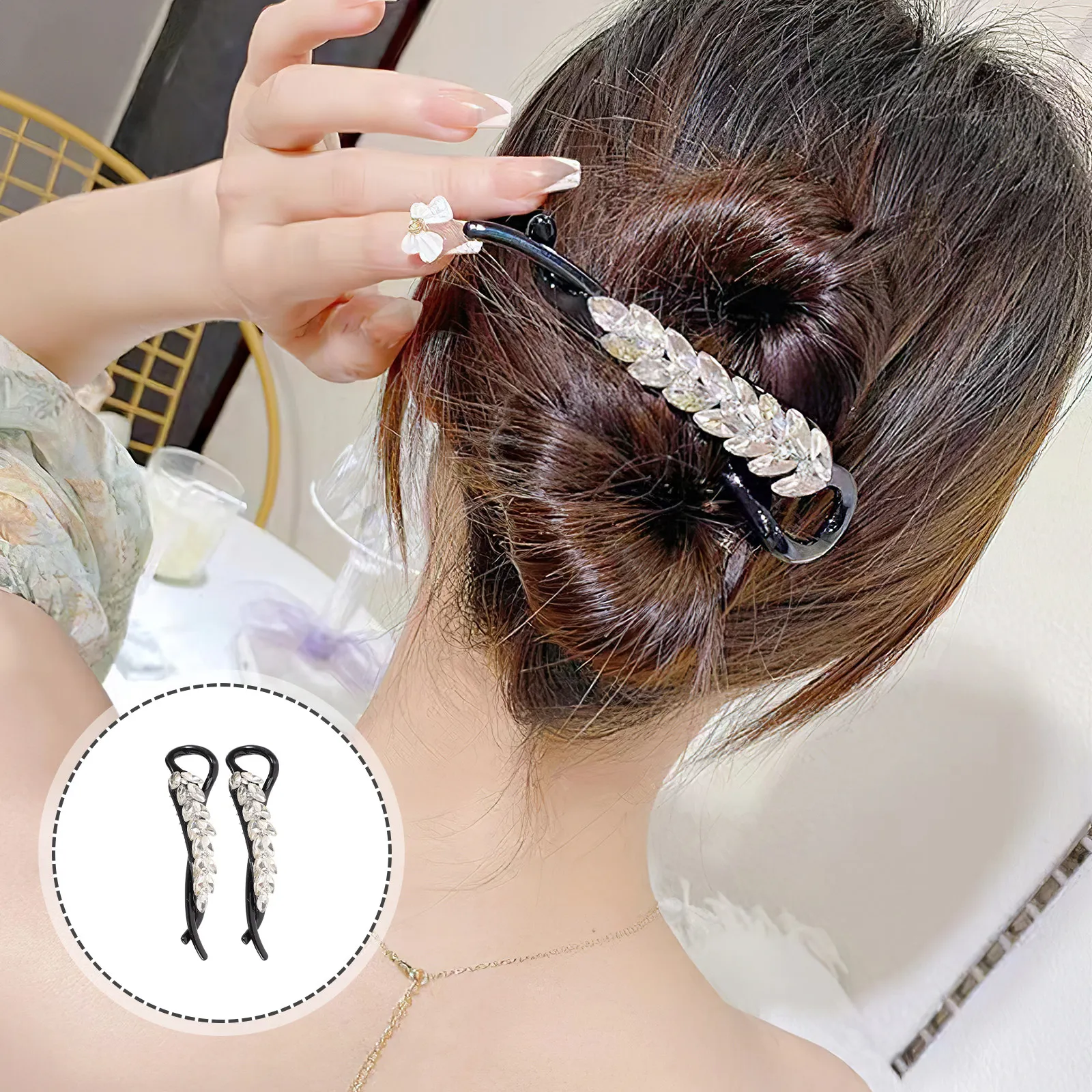 2Pcs 바나나 헤어 클립 여성용 라인스톤 바레트 데이트 작업 파티용 세련된 헤..