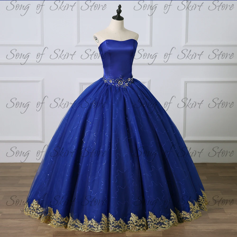 

Exquisite Strapless A-Line Quinceanera Dress Glittery Sequined Crystal Beading Prom Gown Dark Blue Gold Lace Long Party