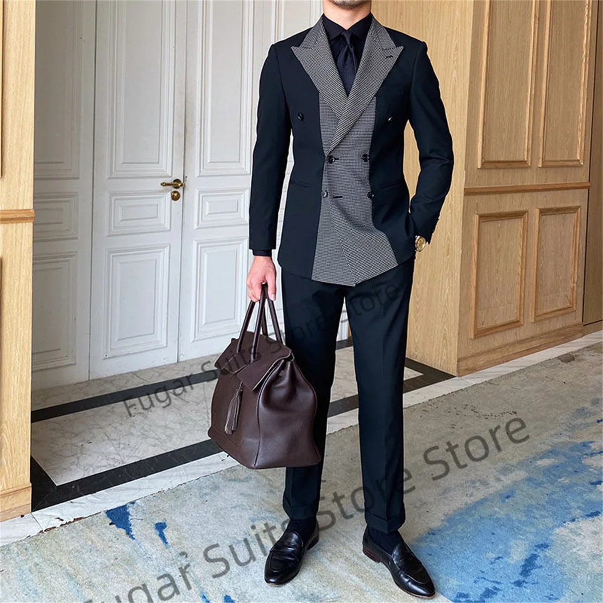 Business Navy Blue Wedding Men Suits Double-breasted Peak Lapel Groom Formal Tuxedos 2 Pieces Sets Trajes Elegante Para Hombres