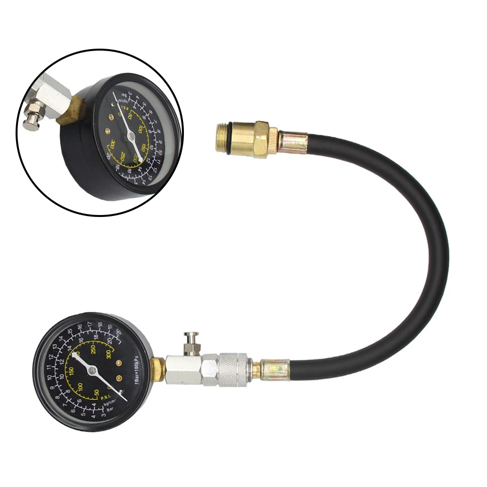 엔진 압축 테스트 키트 0300 PSI 압력 게이지(11인치 호스 및 14mm 18mm 스파크 어댑터 포함) 차량 수리용
