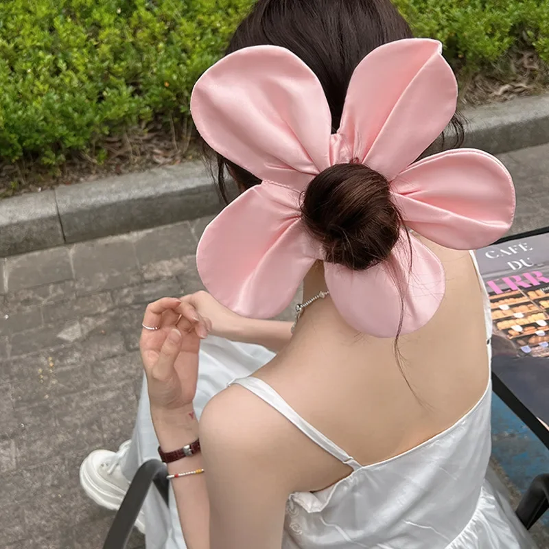 2023 Korean Pink Flower Oversize Scrunchies Headwear Holiday Style Exaggerated Satin Petal Hair Band Hair Accessories for Women