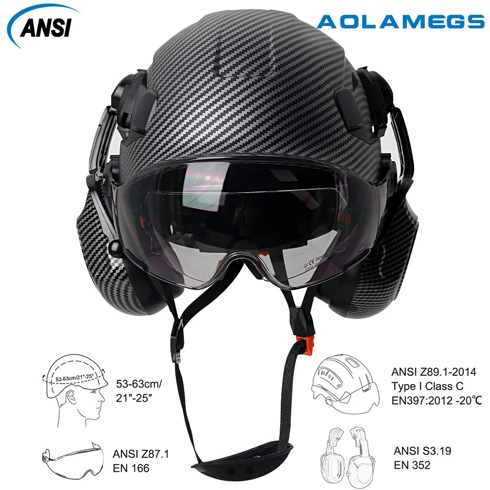 Safety Helmet Carbon Fiber Safety Helmet W/ Visor Built-in Goggles Carbon Fiber Earmuff ABS Industrial Hard Hat ANSI Climb Head Protection Cap