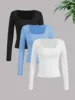 Three-piece set of casual round-neck long-sleeved T-shirt, fashionable women's daily wear top, perfect for layering