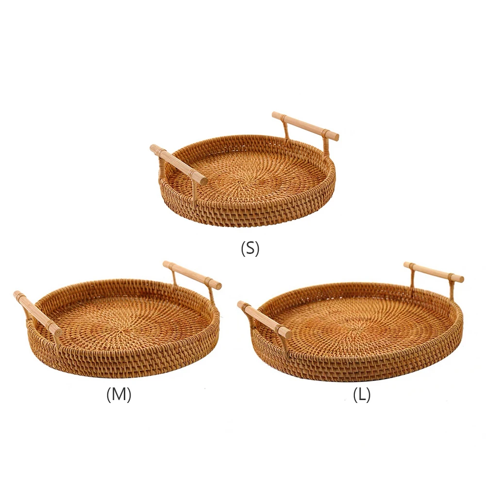 Round Handwoven Rattan Tray with Wooden Handle Handmade Rattan Food Plate Natural Simplicity Wear-resistant for Cake Snack Drink 6