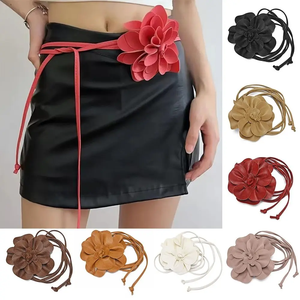 Elegant Floral PU Leather Belt with Decorative Rope Design